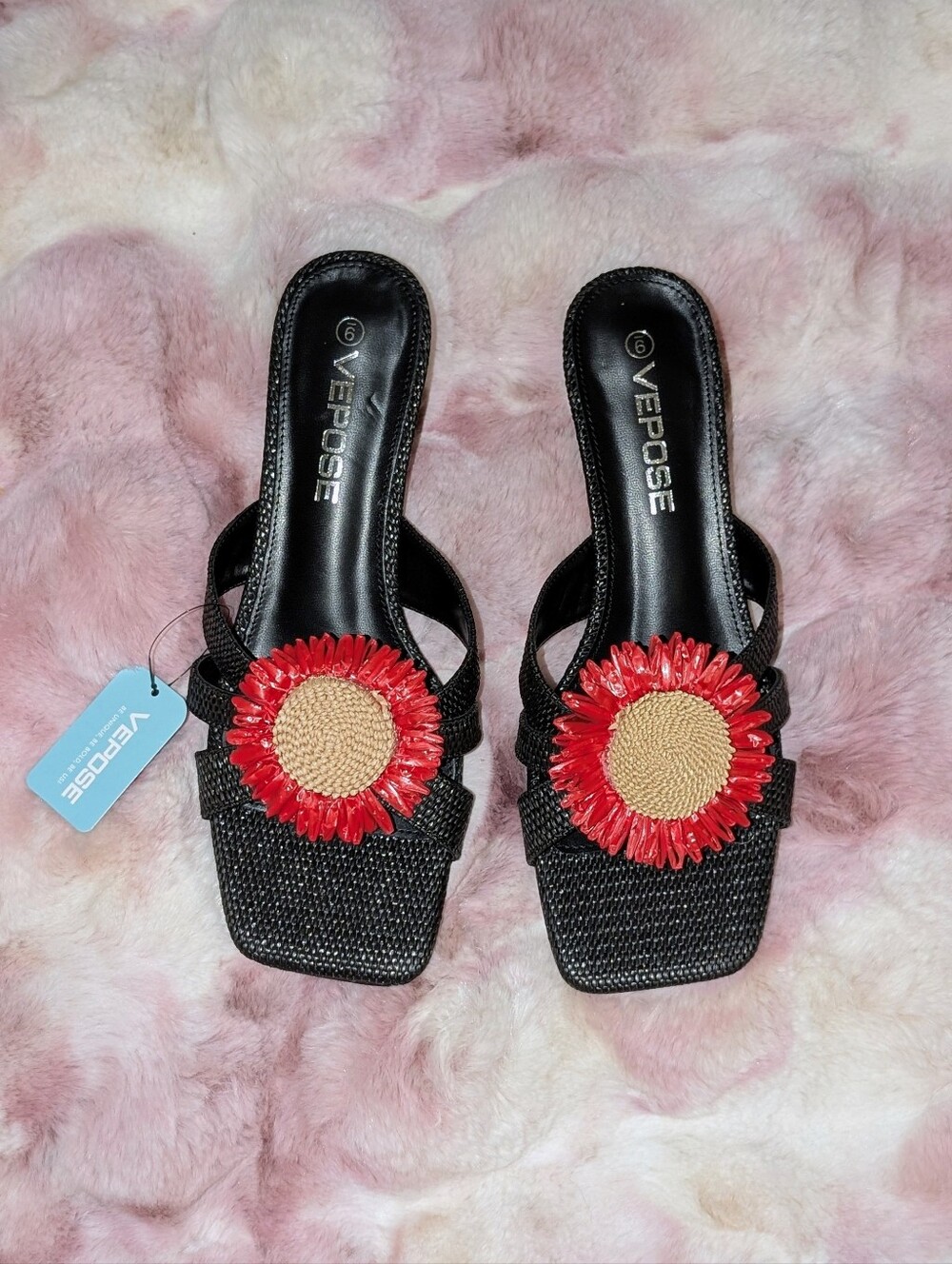 Vepose Black Slide Mules with Red and Tan Flower